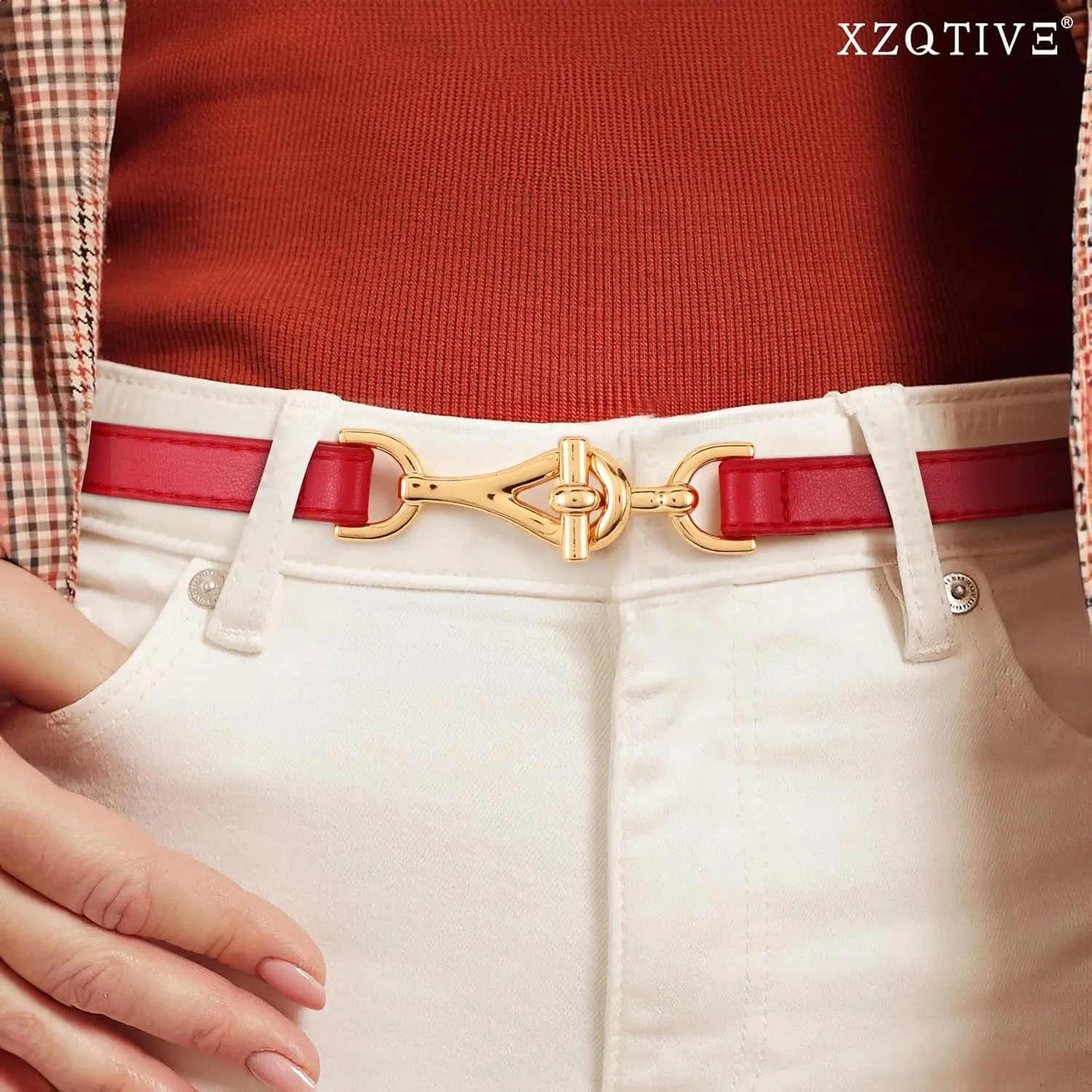 XZQTIVE Leather Skinny Belt for Women Adjustable Thin Waist Belt Gold Buckle for Dresses Coats Jeans