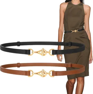 XZQTIVE Leather Skinny Belt for Women Adjustable Thin Waist Belt Gold Buckle for Dresses Coats Jeans
