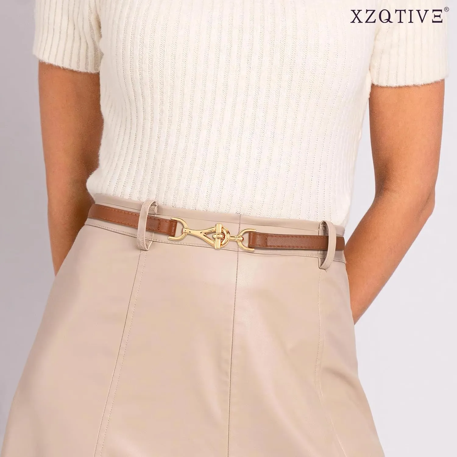 XZQTIVE Leather Skinny Belt for Women Adjustable Thin Waist Belt Gold Buckle for Dresses Coats Jeans