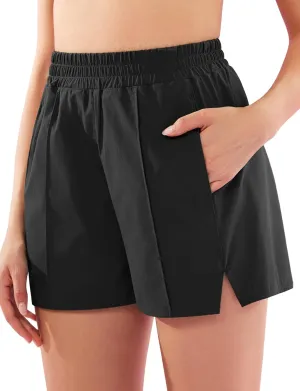 YEOREO Pearlire Running Shorts for Women Pockets Quick Dry Mid Rise Elastic Athletic Workout Gym Shorts