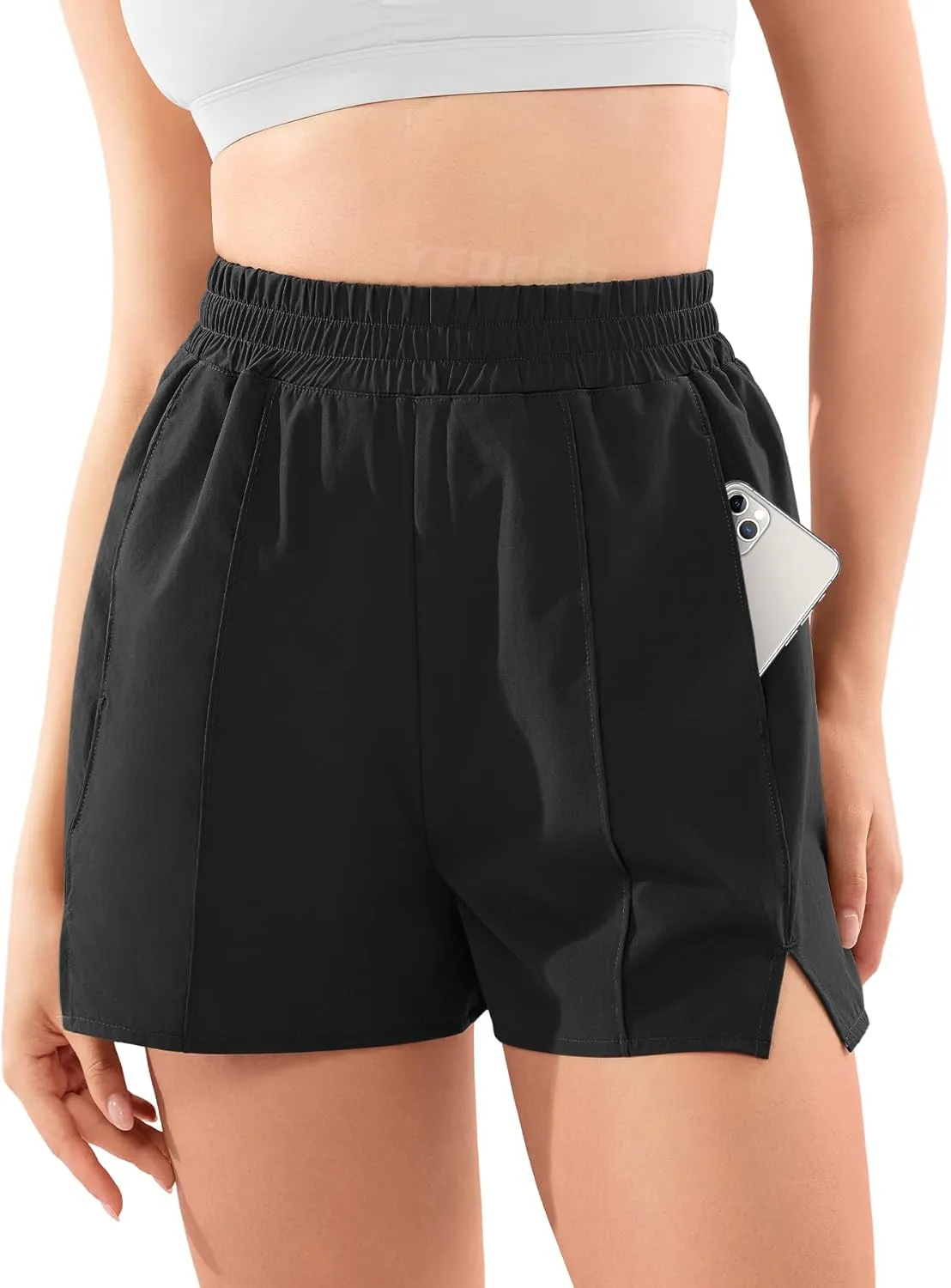 YEOREO Pearlire Running Shorts for Women Pockets Quick Dry Mid Rise Elastic Athletic Workout Gym Shorts