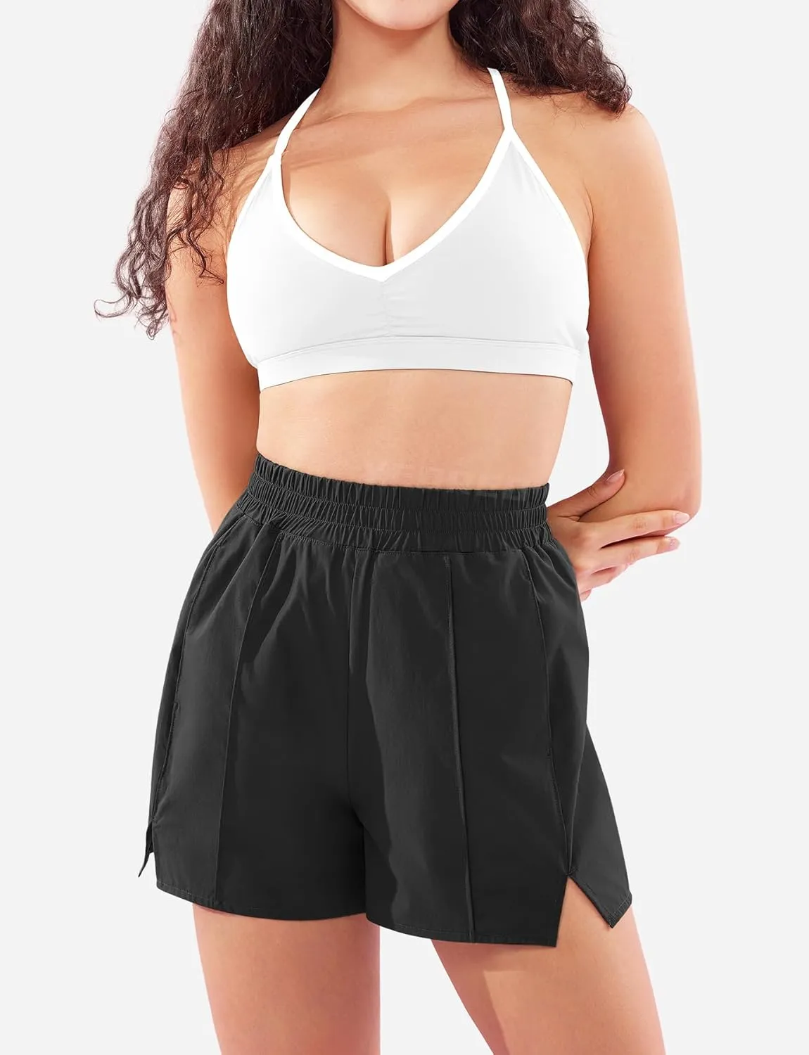 YEOREO Pearlire Running Shorts for Women Pockets Quick Dry Mid Rise Elastic Athletic Workout Gym Shorts