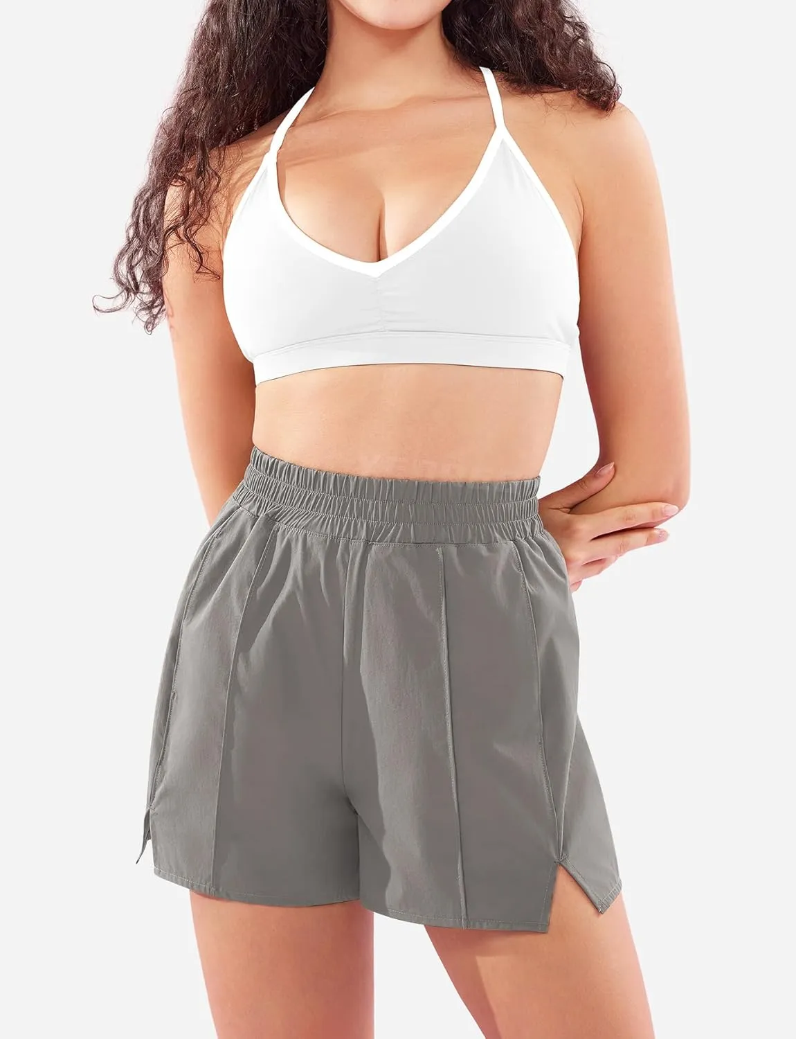 YEOREO Pearlire Running Shorts for Women Pockets Quick Dry Mid Rise Elastic Athletic Workout Gym Shorts