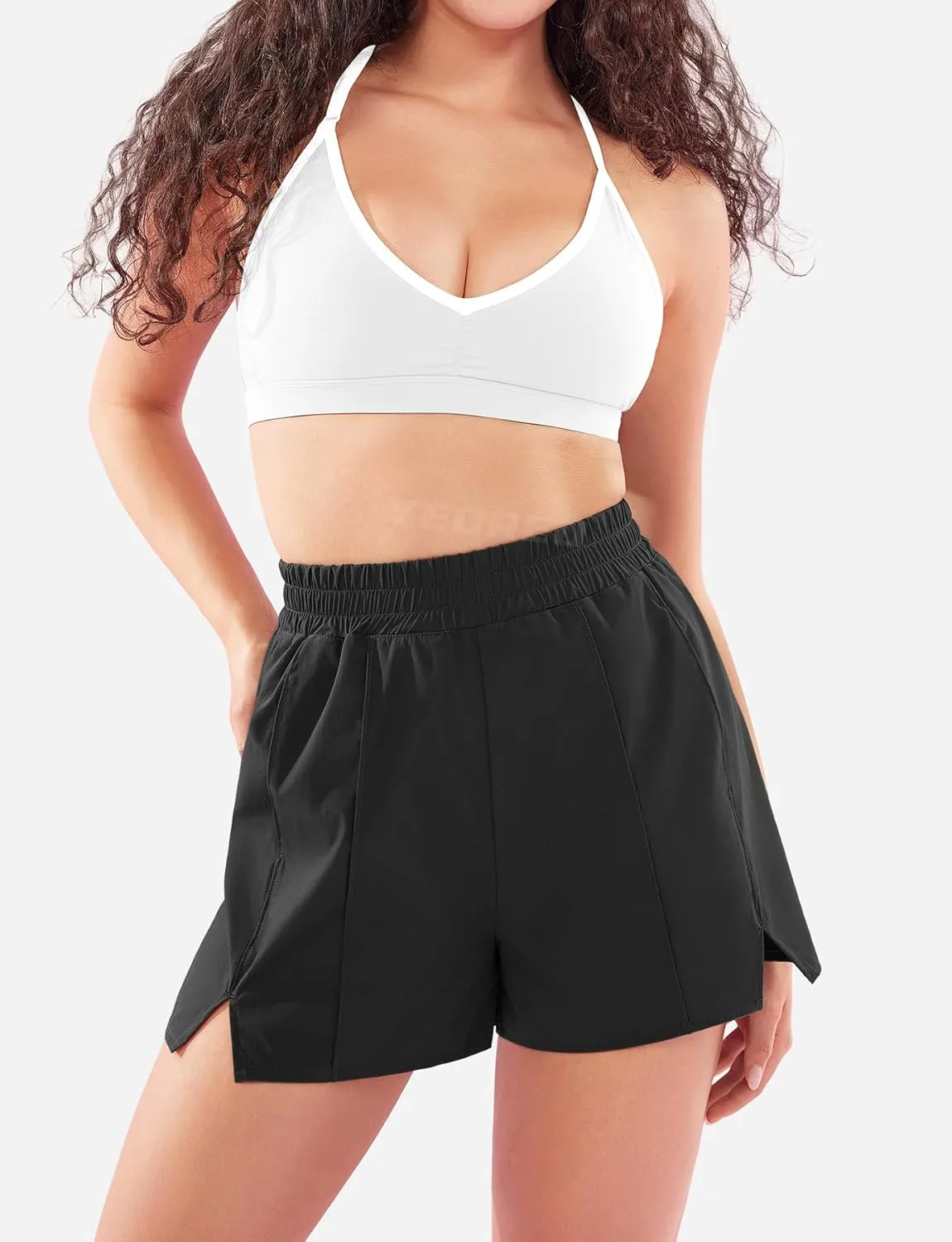 YEOREO Pearlire Running Shorts for Women Pockets Quick Dry Mid Rise Elastic Athletic Workout Gym Shorts