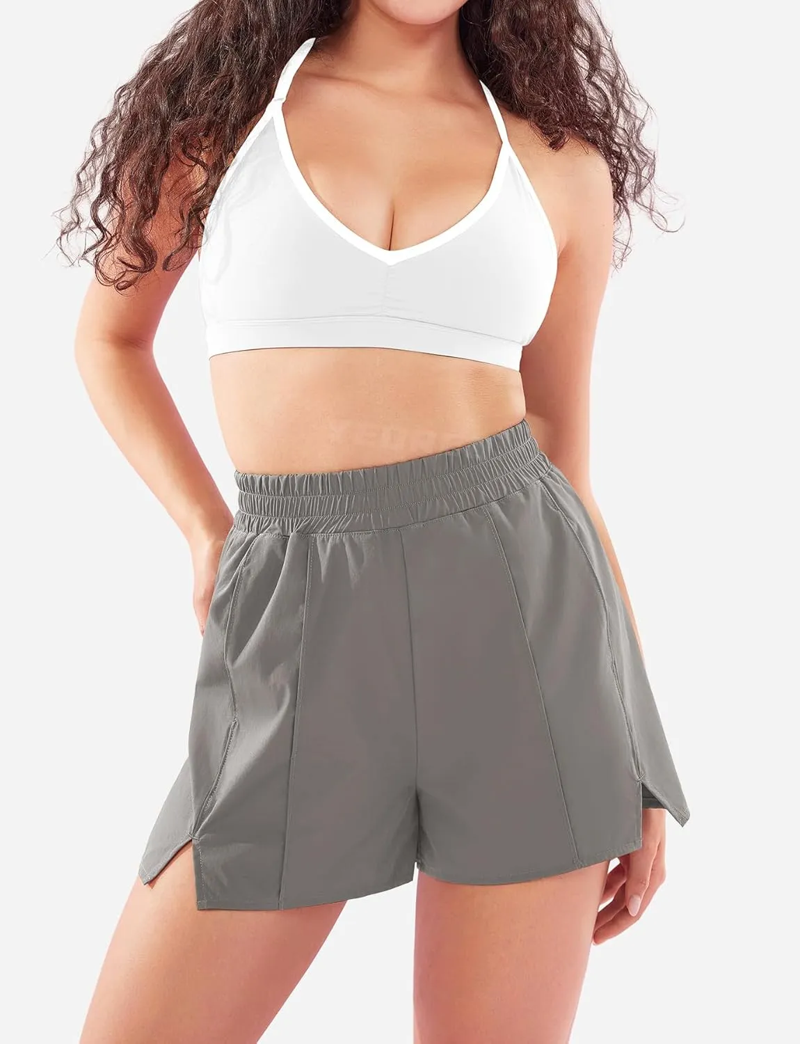 YEOREO Pearlire Running Shorts for Women Pockets Quick Dry Mid Rise Elastic Athletic Workout Gym Shorts