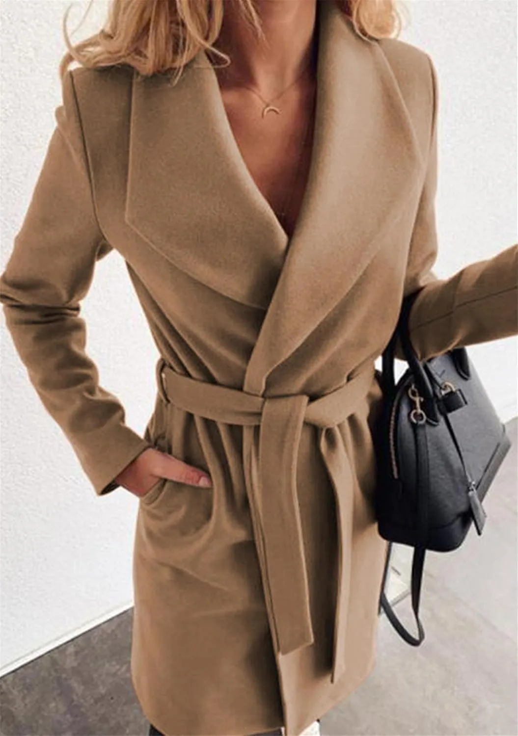 YMING Womens Winter Wide Lapel Trench Coat Wool Blend Belted Jackets Solid Color Wrap Long Coats