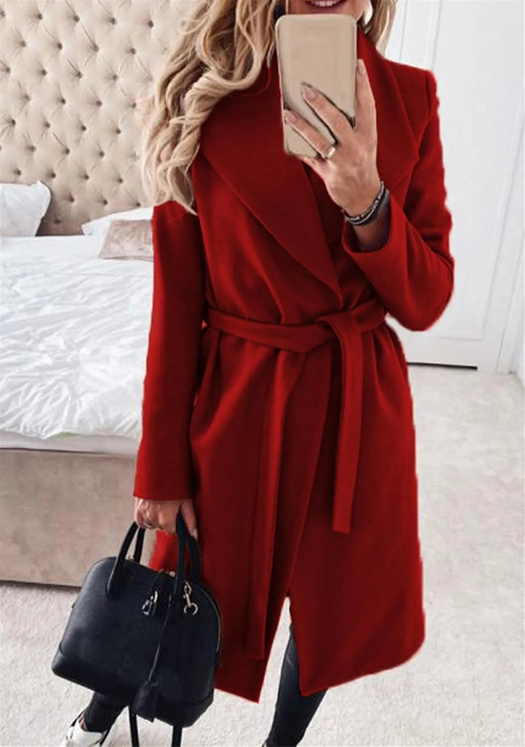 YMING Womens Winter Wide Lapel Trench Coat Wool Blend Belted Jackets Solid Color Wrap Long Coats