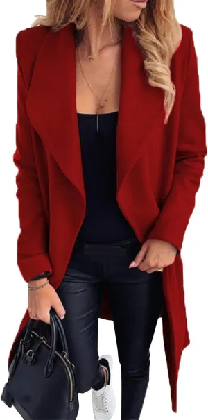 YMING Womens Winter Wide Lapel Trench Coat Wool Blend Belted Jackets Solid Color Wrap Long Coats