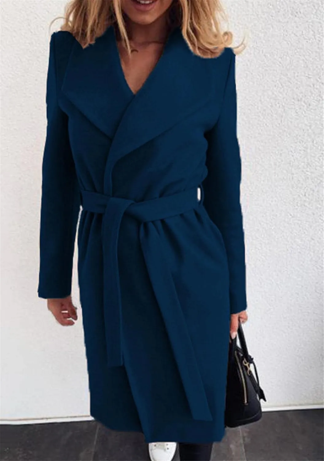 YMING Womens Winter Wide Lapel Trench Coat Wool Blend Belted Jackets Solid Color Wrap Long Coats