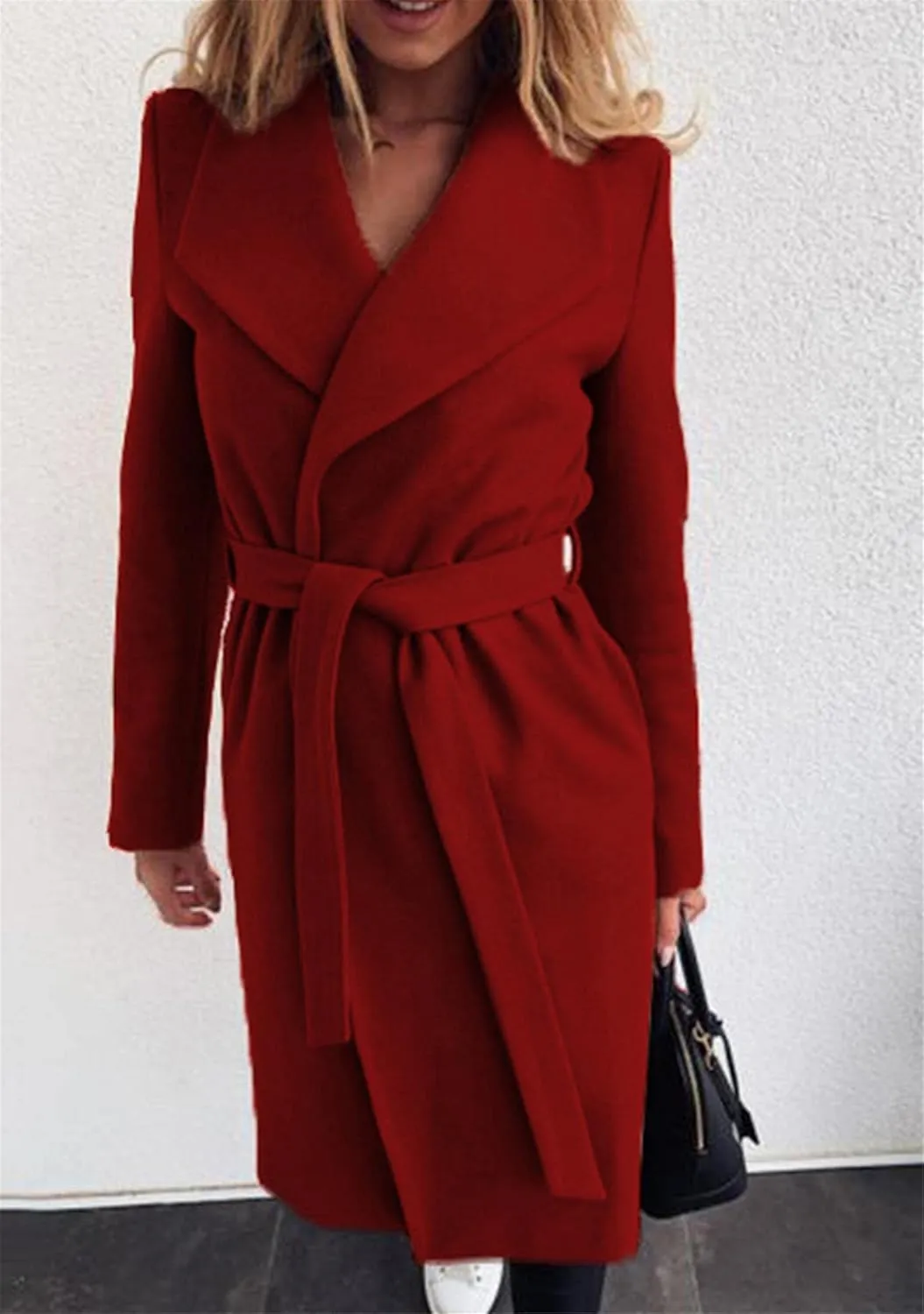 YMING Womens Winter Wide Lapel Trench Coat Wool Blend Belted Jackets Solid Color Wrap Long Coats