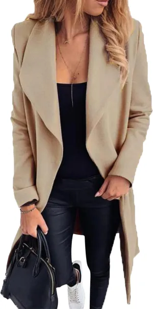YMING Womens Winter Wide Lapel Trench Coat Wool Blend Belted Jackets Solid Color Wrap Long Coats