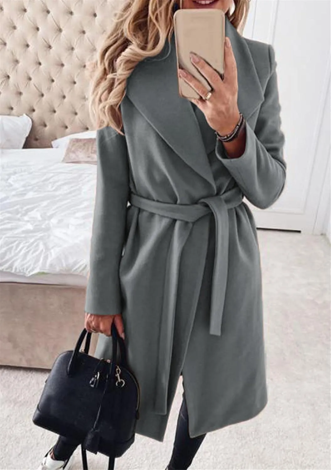 YMING Womens Winter Wide Lapel Trench Coat Wool Blend Belted Jackets Solid Color Wrap Long Coats