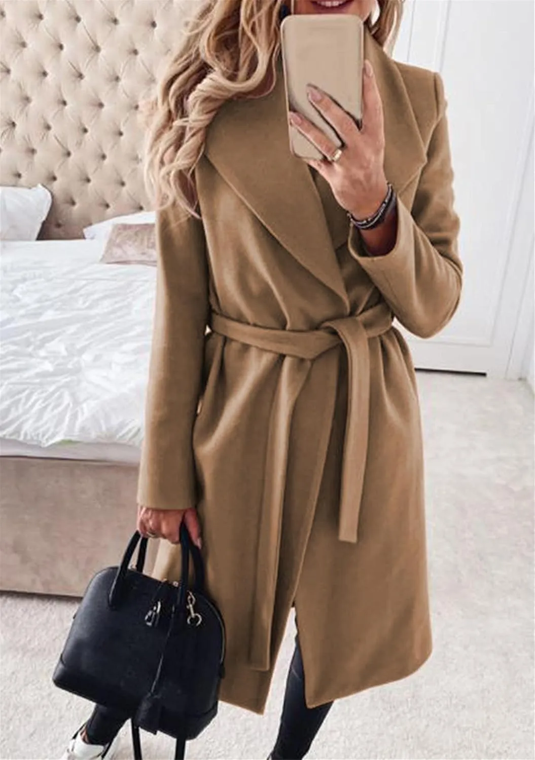 YMING Womens Winter Wide Lapel Trench Coat Wool Blend Belted Jackets Solid Color Wrap Long Coats