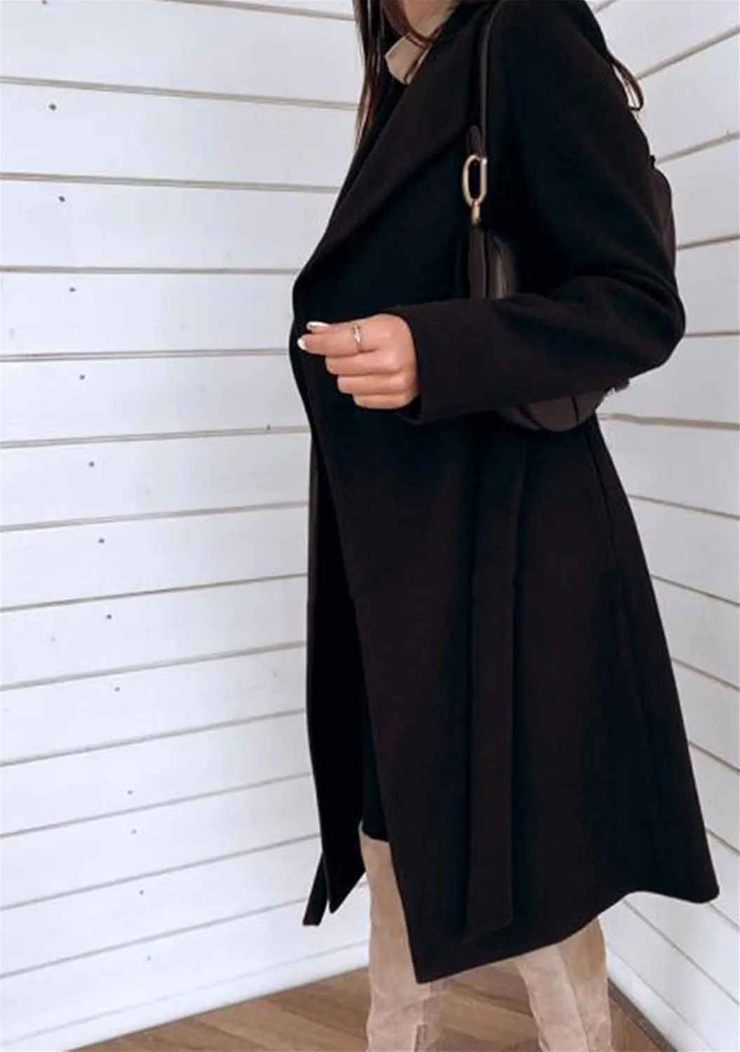 YMING Womens Winter Wide Lapel Trench Coat Wool Blend Belted Jackets Solid Color Wrap Long Coats