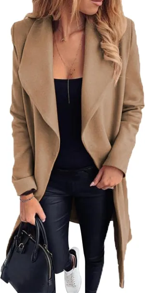 YMING Womens Winter Wide Lapel Trench Coat Wool Blend Belted Jackets Solid Color Wrap Long Coats