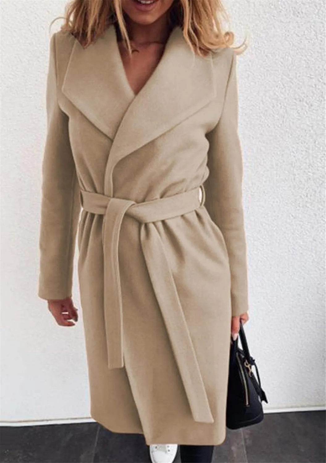 YMING Womens Winter Wide Lapel Trench Coat Wool Blend Belted Jackets Solid Color Wrap Long Coats