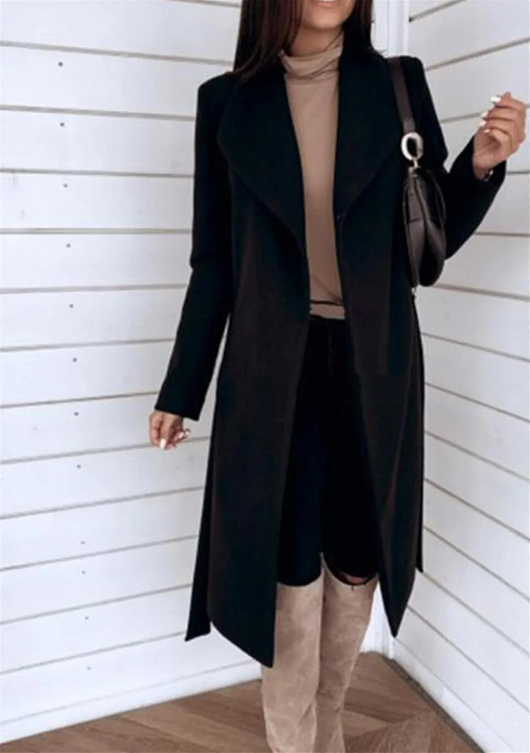 YMING Womens Winter Wide Lapel Trench Coat Wool Blend Belted Jackets Solid Color Wrap Long Coats