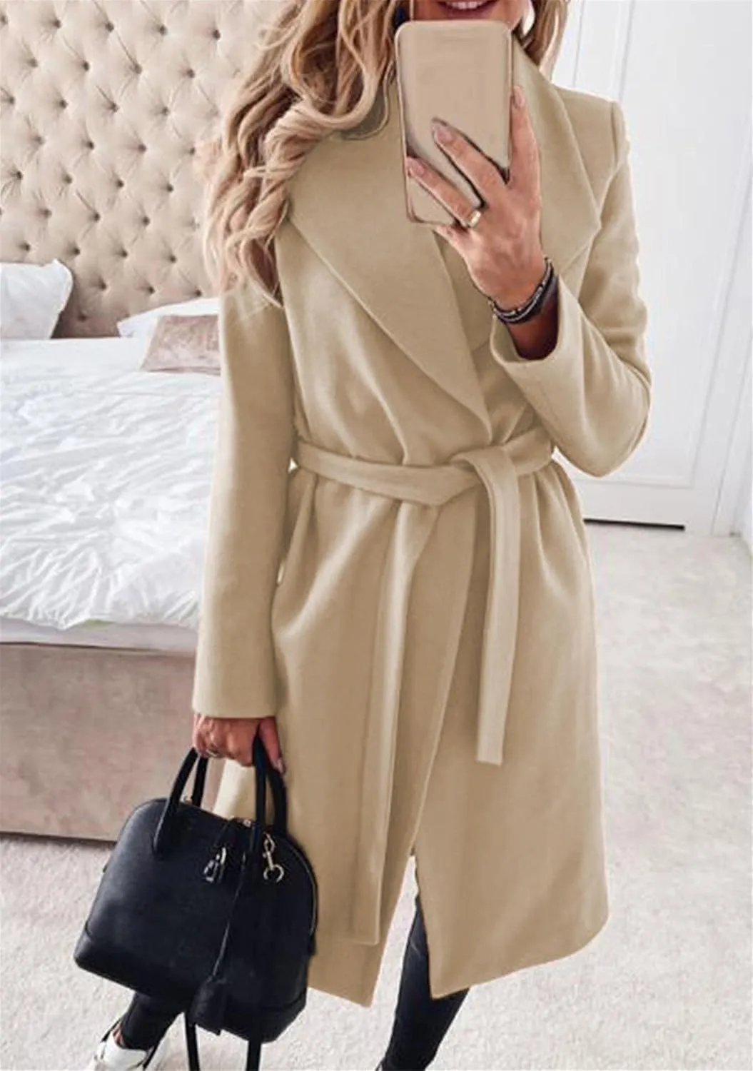 YMING Womens Winter Wide Lapel Trench Coat Wool Blend Belted Jackets Solid Color Wrap Long Coats