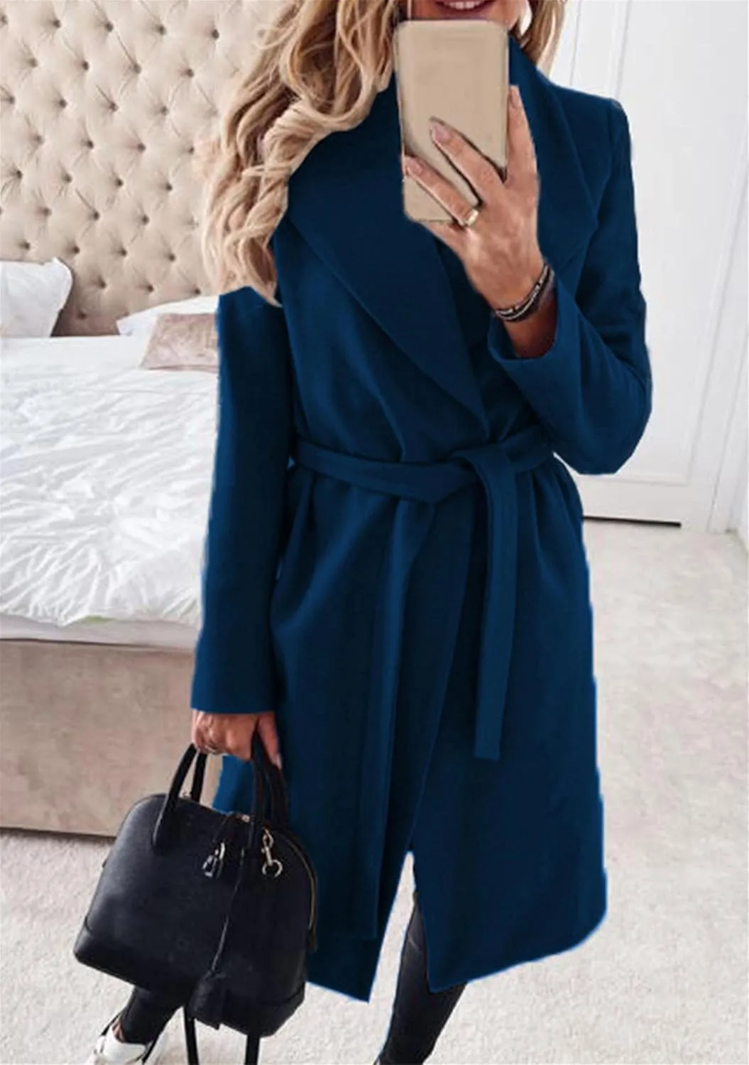 YMING Womens Winter Wide Lapel Trench Coat Wool Blend Belted Jackets Solid Color Wrap Long Coats