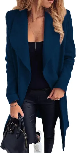 YMING Womens Winter Wide Lapel Trench Coat Wool Blend Belted Jackets Solid Color Wrap Long Coats