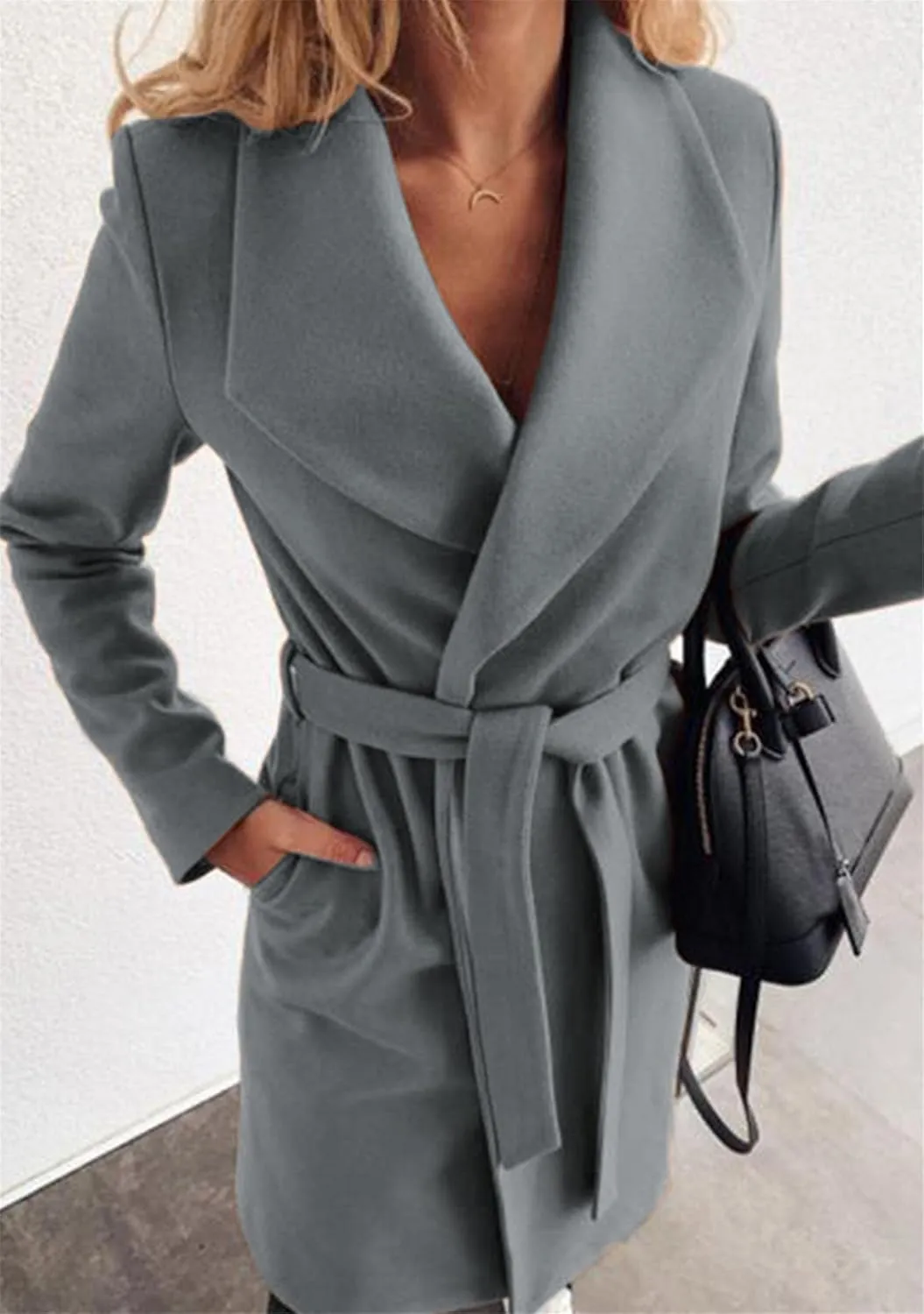 YMING Womens Winter Wide Lapel Trench Coat Wool Blend Belted Jackets Solid Color Wrap Long Coats