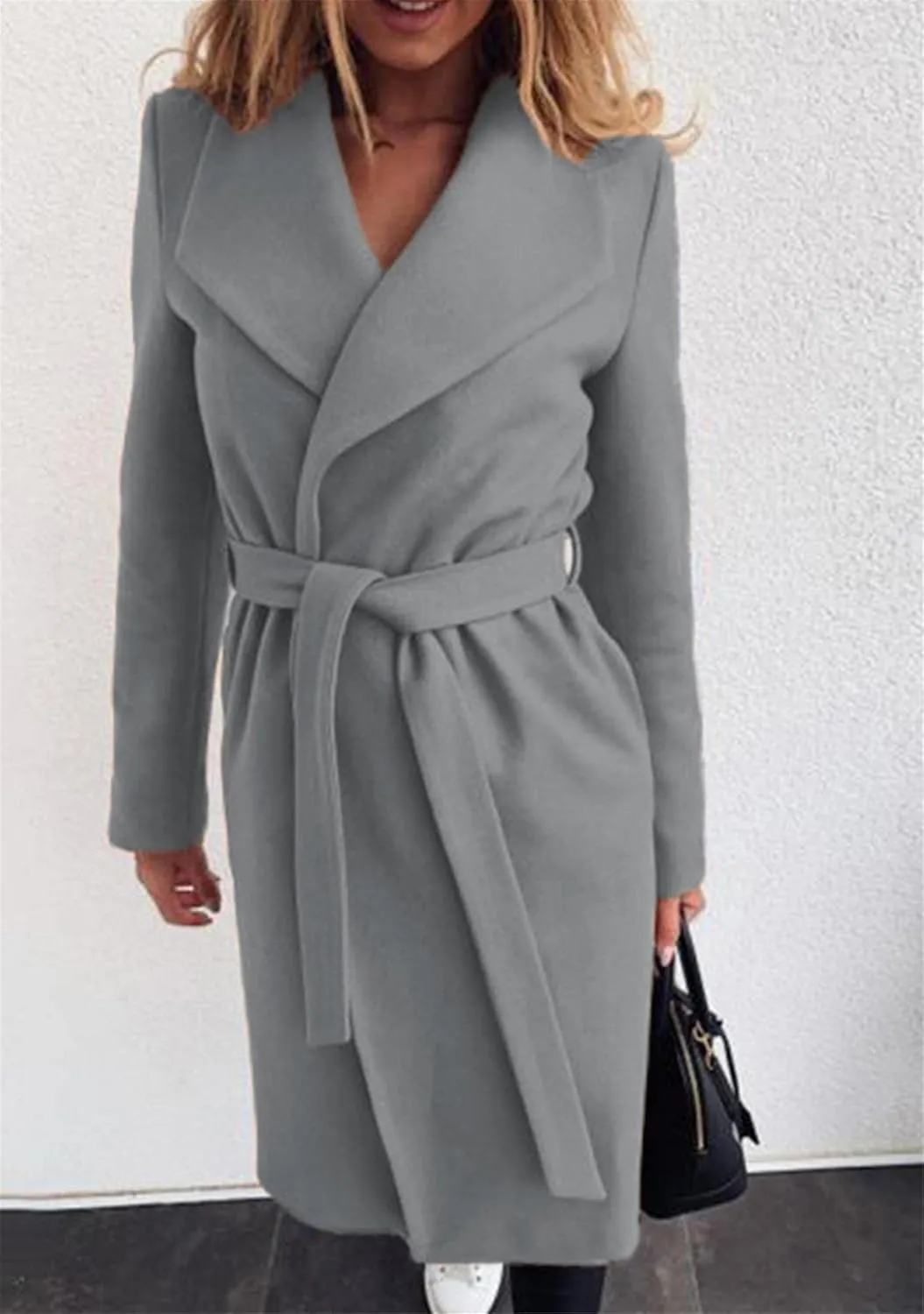 YMING Womens Winter Wide Lapel Trench Coat Wool Blend Belted Jackets Solid Color Wrap Long Coats