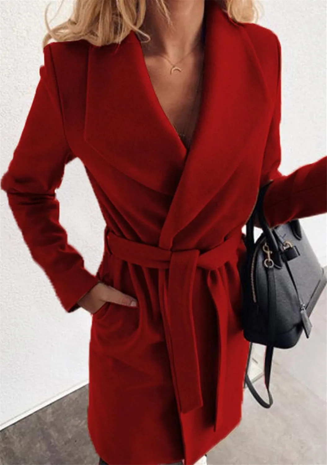 YMING Womens Winter Wide Lapel Trench Coat Wool Blend Belted Jackets Solid Color Wrap Long Coats