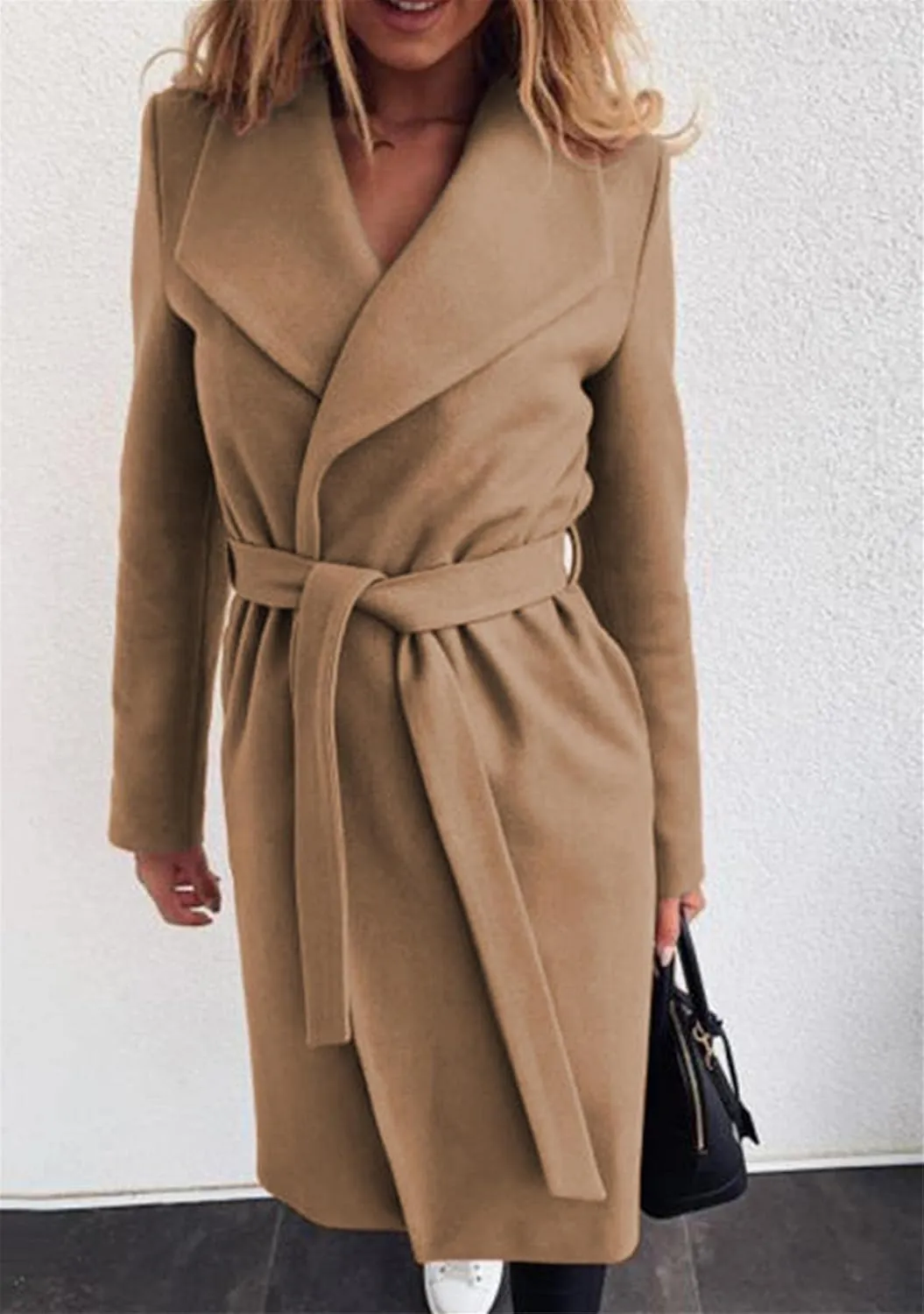 YMING Womens Winter Wide Lapel Trench Coat Wool Blend Belted Jackets Solid Color Wrap Long Coats