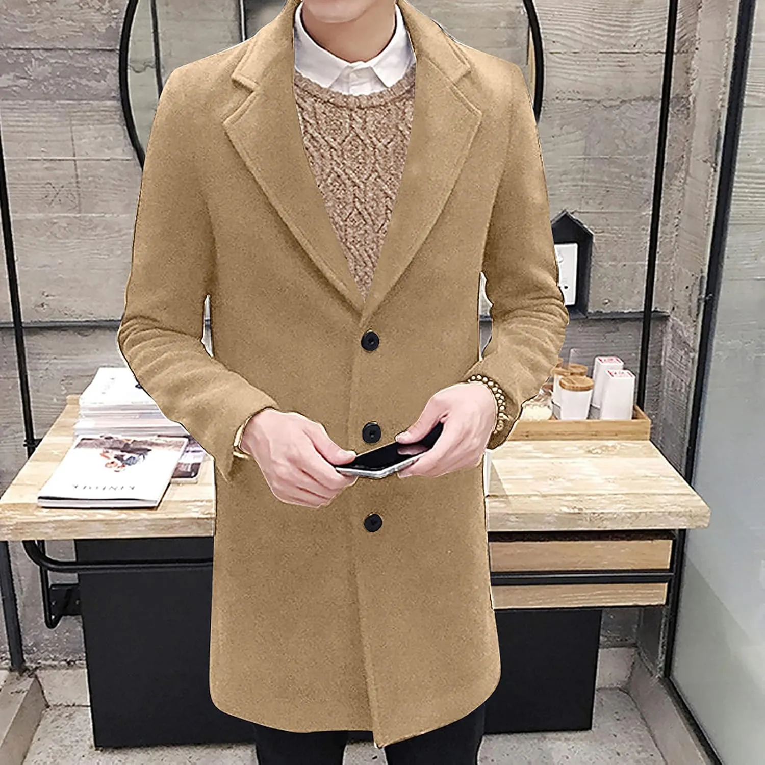 Ymosrh Winter Coats for Men Formal Single Breasted Figuring Overcoat Long Wool Warm Jacket Outwear Jackets