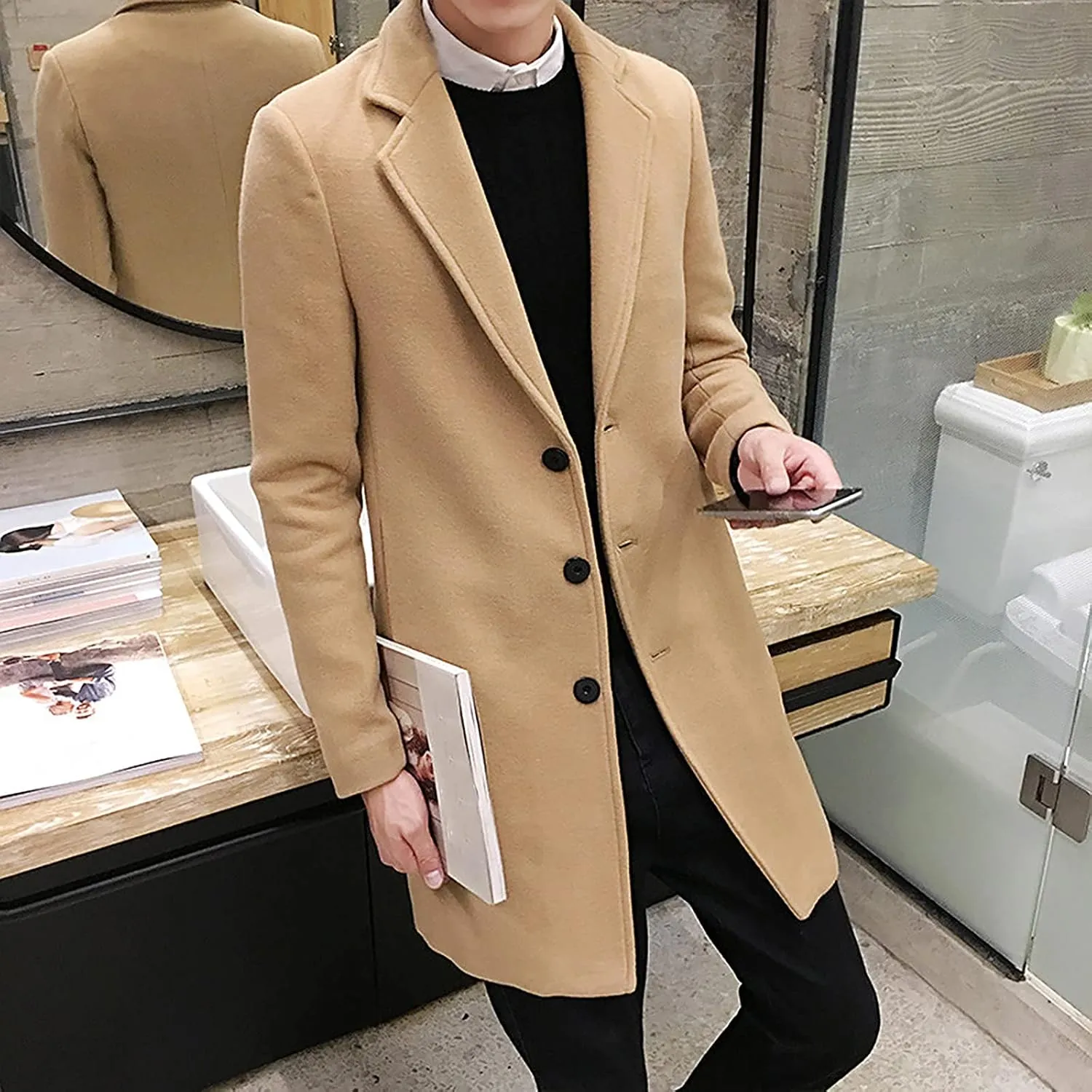 Ymosrh Winter Coats for Men Formal Single Breasted Figuring Overcoat Long Wool Warm Jacket Outwear Jackets
