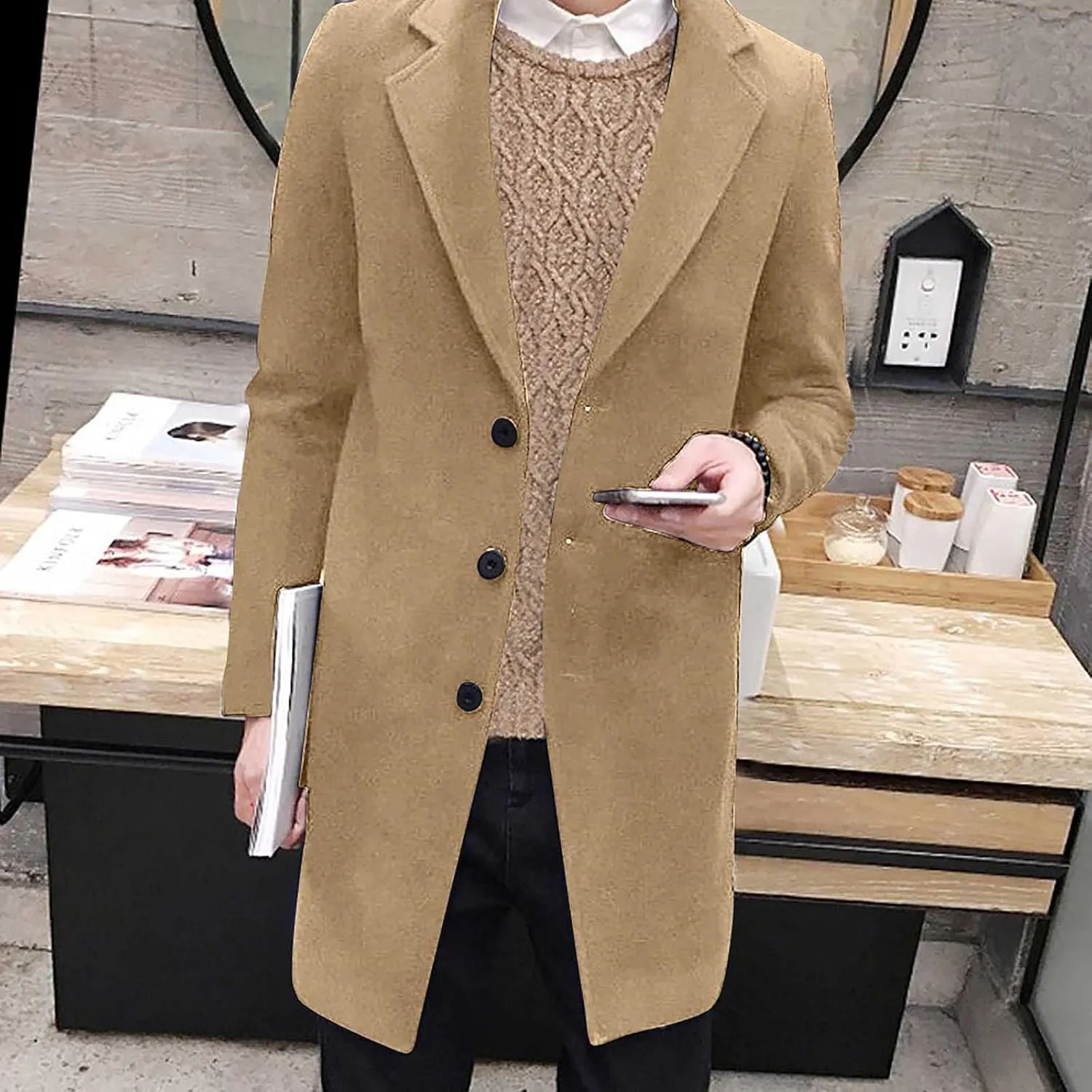 Ymosrh Winter Coats for Men Formal Single Breasted Figuring Overcoat Long Wool Warm Jacket Outwear Jackets