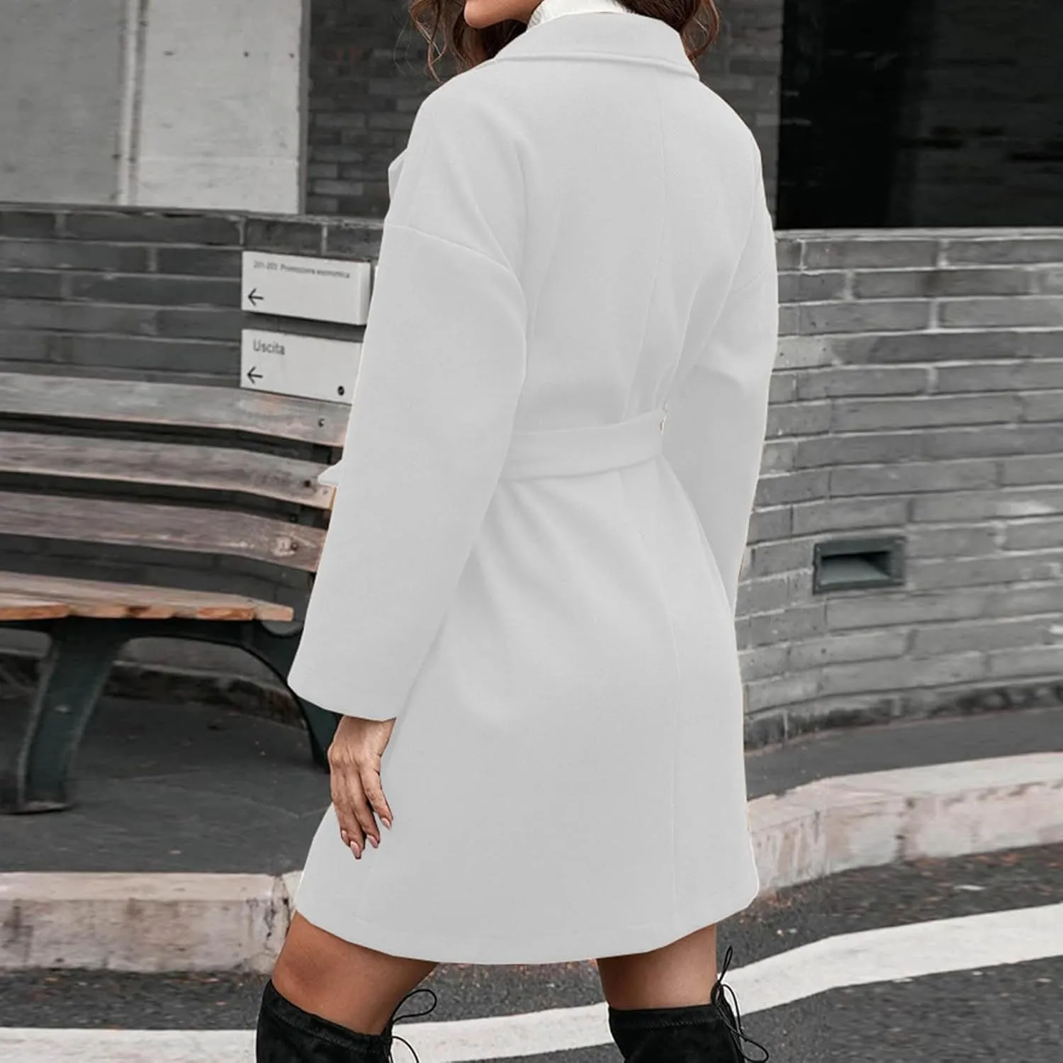 YRAETENM Womens Wool Coat Long Sleeve Notched Collar Tie Belt Wrap Coats Casual Long Winter Jackets Trench Coat with Pockets