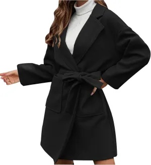 YRAETENM Womens Wool Coat Long Sleeve Notched Collar Tie Belt Wrap Coats Casual Long Winter Jackets Trench Coat with Pockets