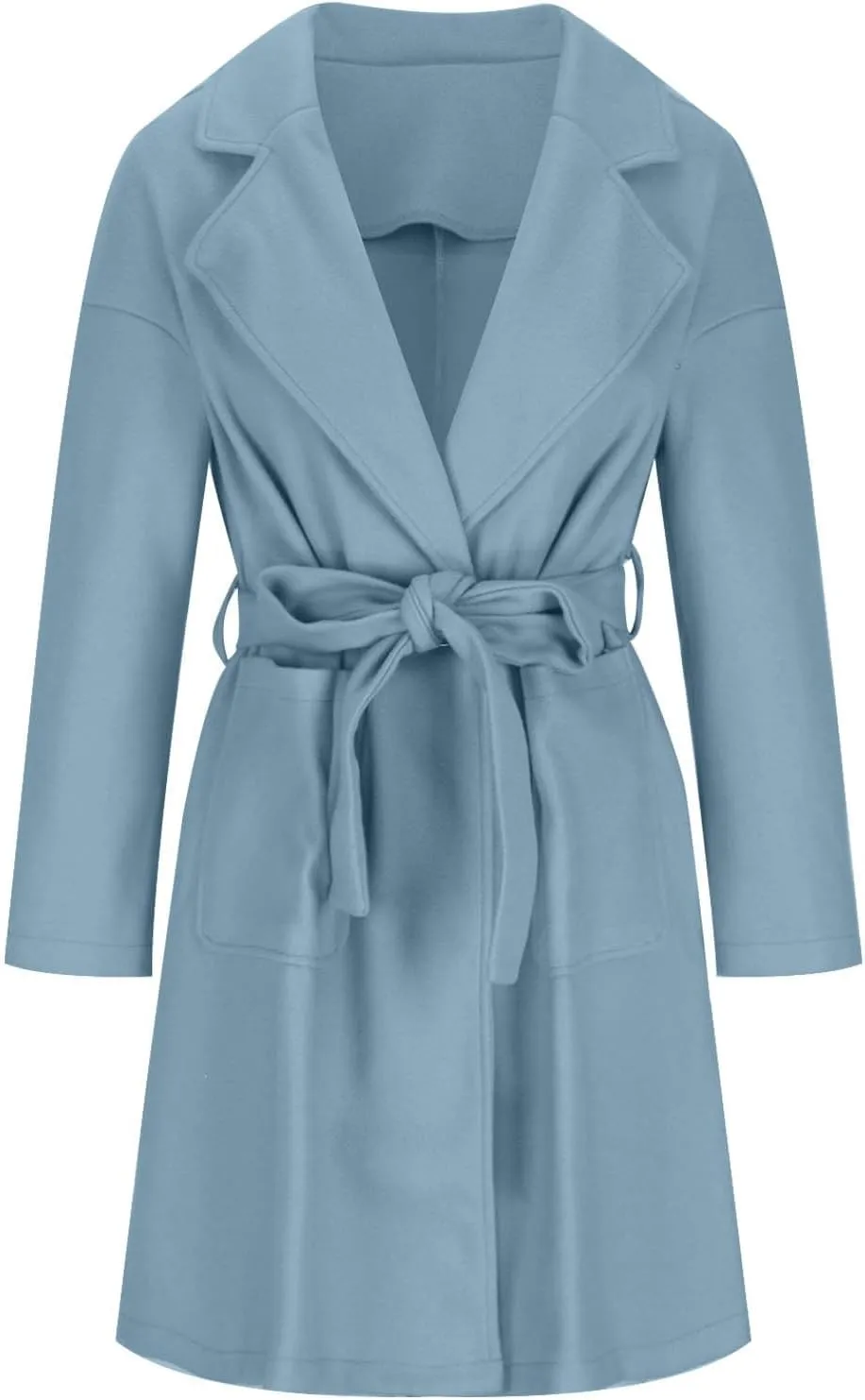 YRAETENM Womens Wool Coat Long Sleeve Notched Collar Tie Belt Wrap Coats Casual Long Winter Jackets Trench Coat with Pockets