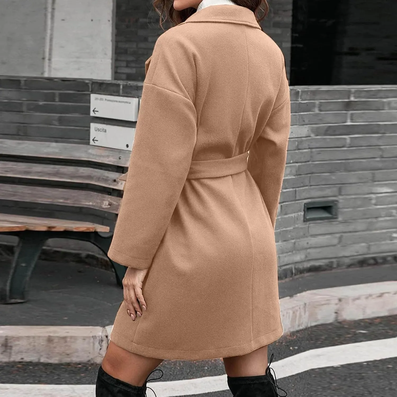 YRAETENM Womens Wool Coat Long Sleeve Notched Collar Tie Belt Wrap Coats Casual Long Winter Jackets Trench Coat with Pockets