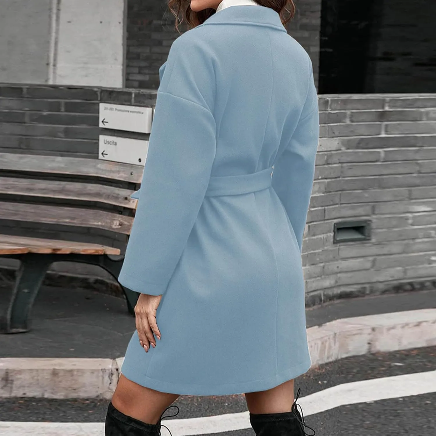 YRAETENM Womens Wool Coat Long Sleeve Notched Collar Tie Belt Wrap Coats Casual Long Winter Jackets Trench Coat with Pockets