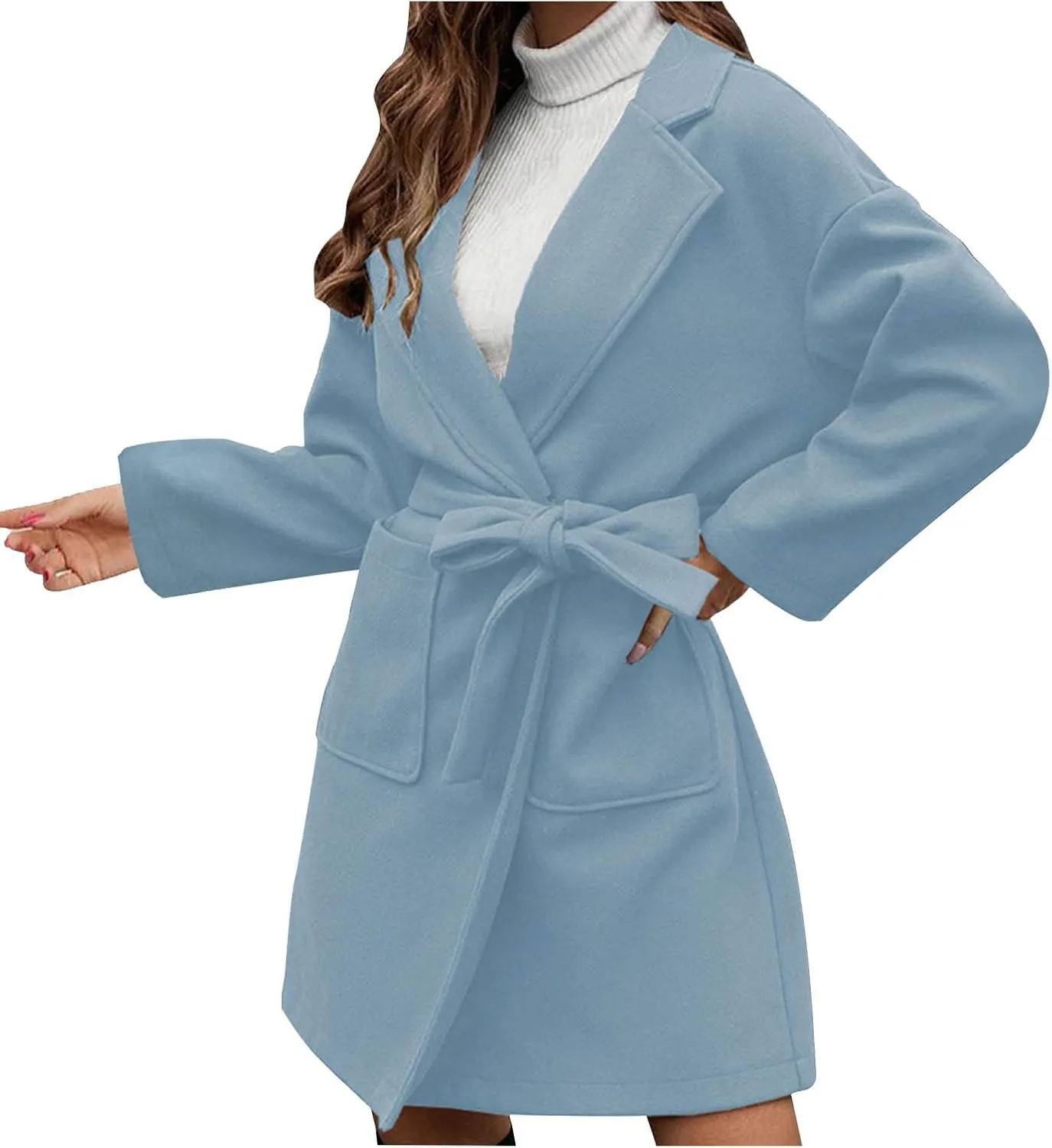 YRAETENM Womens Wool Coat Long Sleeve Notched Collar Tie Belt Wrap Coats Casual Long Winter Jackets Trench Coat with Pockets